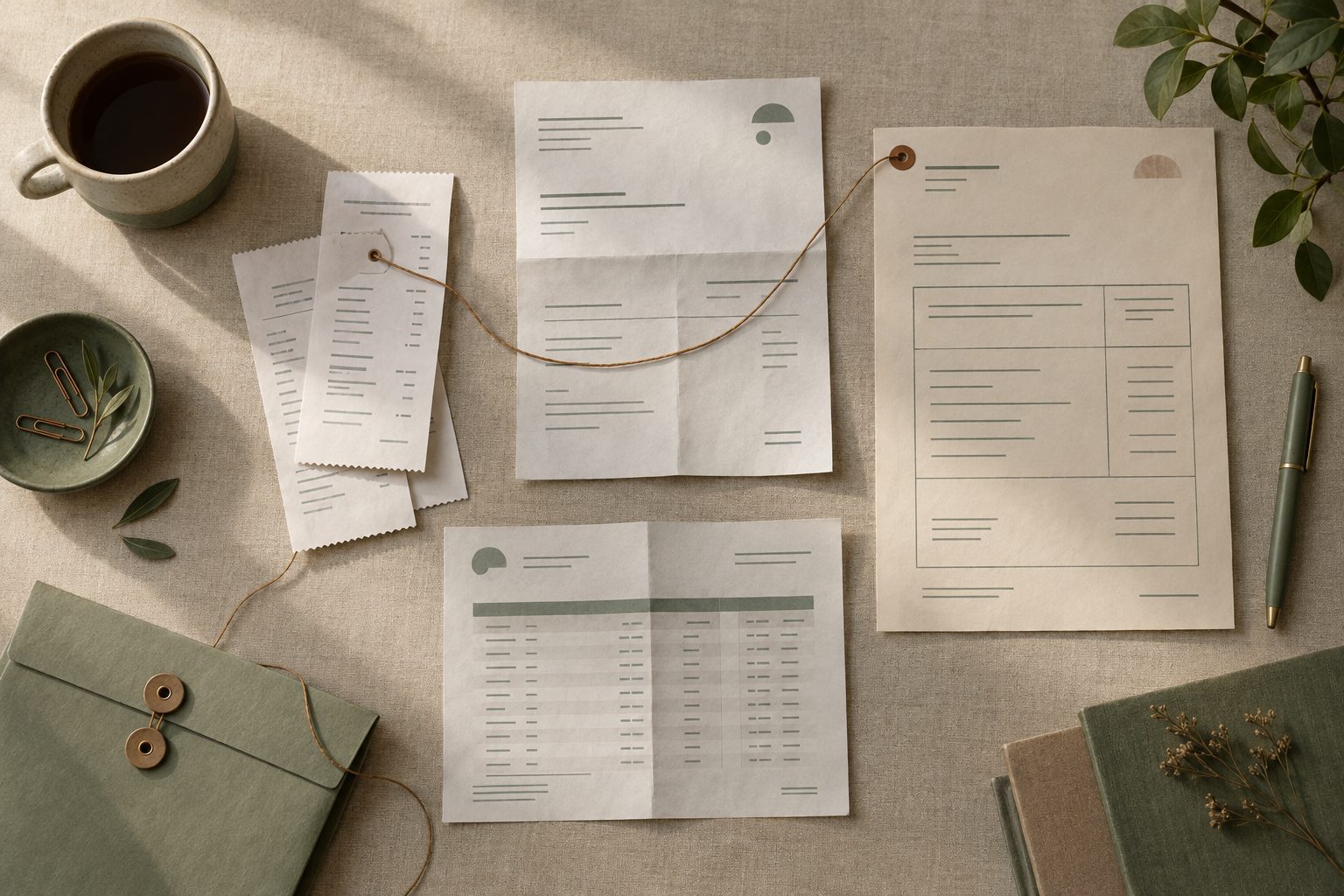 Receipts, a utility bill, a supplier invoice and a bank statement on a linen desk, three of them joined by fine threads